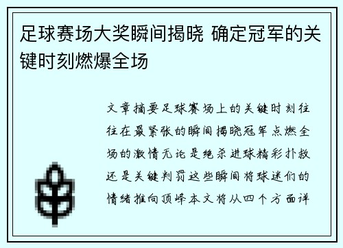 足球赛场大奖瞬间揭晓 确定冠军的关键时刻燃爆全场